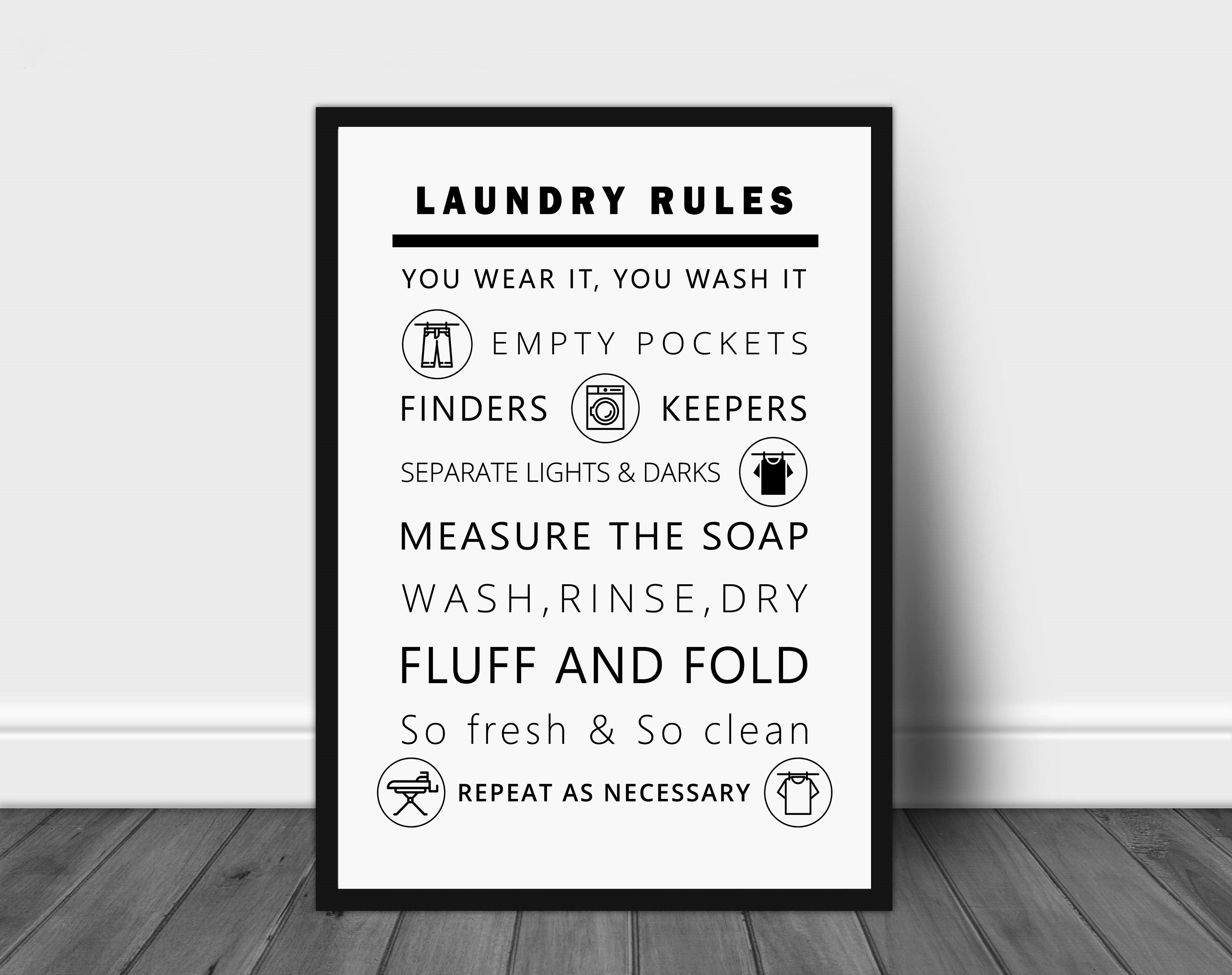 Laundry Room Rules Print Care Symbol Guide Wash Poster Wall Picture